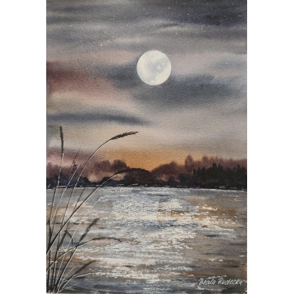 Beata Rudecka - obrazy akwarela - Akwarela Akwarelka Obraz pt: Jezioro Nocą foto #2