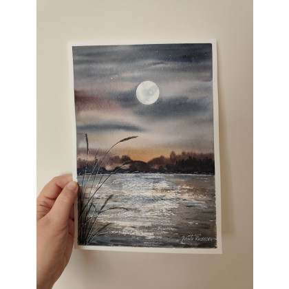 Beata Rudecka - obrazy akwarela - Akwarela Akwarelka Obraz pt: Jezioro Nocą foto #3