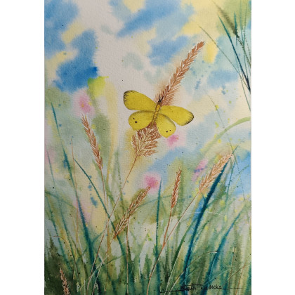 Beata Rudecka - obrazy akwarela - Oryginalna Akwarela pt: Motyl Cytrynek – Ręcznie malowana, Unikat foto #2