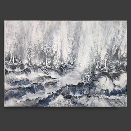 Tajemnica Lasu - Monochromatyczny krajobraz na płótnie 50x70, Elżbieta Hanarz, obrazy akryl