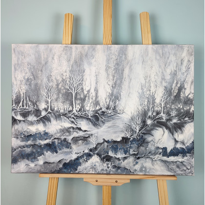 Elżbieta Hanarz - obrazy akryl - Tajemnica Lasu - Monochromatyczny krajobraz na płótnie 50x70 foto #1