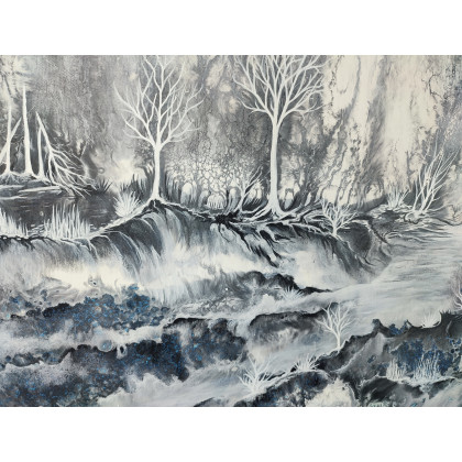 Elżbieta Hanarz - obrazy akryl - Tajemnica Lasu - Monochromatyczny krajobraz na płótnie 50x70 foto #3