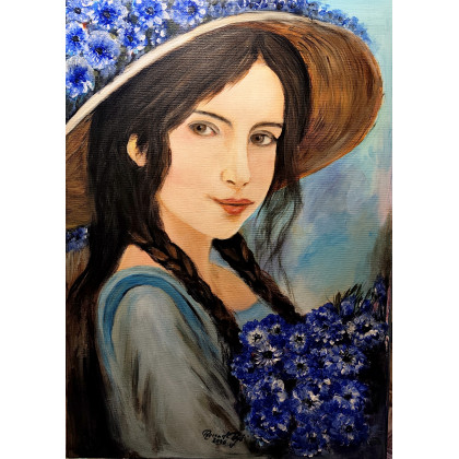 Dziewczyna w słomkowym Kapeluszu 50/70, Ryszard Ryś, obrazy akryl