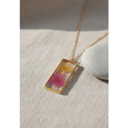 Naszyjnik Letnia Łąka – Prostokątny Wisior z Prawdziwymi Kwiatami, Kropla żywicy, korale,naszyjniki