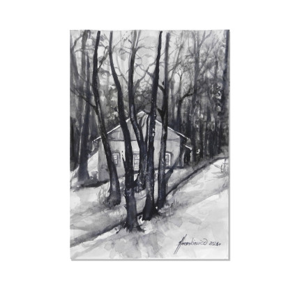 Wśród drzew- monochromatyczna akwarela A4, Jolanta Frankiewicz, obrazy akwarela