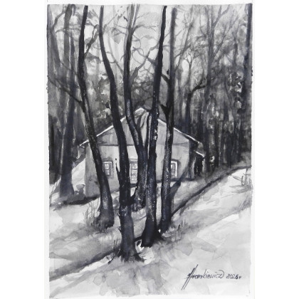 Jolanta Frankiewicz - obrazy akwarela - Wśród drzew- monochromatyczna akwarela A4 foto #3