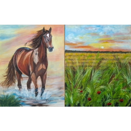 ZESTAW RĘCZNIE MALOWANYCH OBRAZÓW - DYPTYK PULS NATURY, Marzena Dymek, obrazy akryl