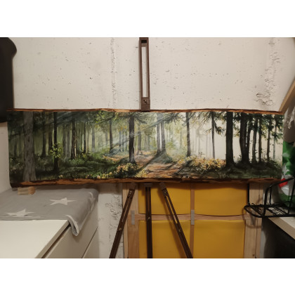 Obraz Pejzaż leśny na drewnie 140 x 40 cm, Patrick Jaworowicz, obrazy akryl