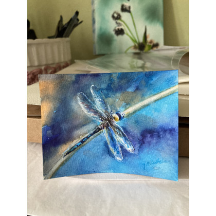 Joanna Magdalena - obrazy akwarela - Blue fly  (akwarela miniaturka  w oprawie) foto #1