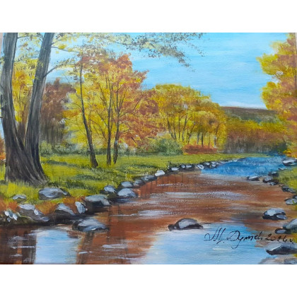 Marzena Dymek - obrazy akryl - ZESTAW RĘCZNIE MALOWANYCH OBRAZÓW - DYPTYK JESIEŃ NAD POTOKIEM foto #1