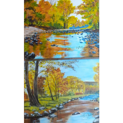 Marzena Dymek - obrazy akryl - ZESTAW RĘCZNIE MALOWANYCH OBRAZÓW - DYPTYK JESIEŃ NAD POTOKIEM foto #2