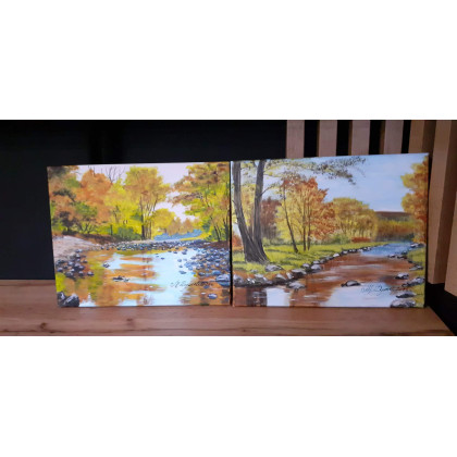 Marzena Dymek - obrazy akryl - ZESTAW RĘCZNIE MALOWANYCH OBRAZÓW - DYPTYK JESIEŃ NAD POTOKIEM foto #4