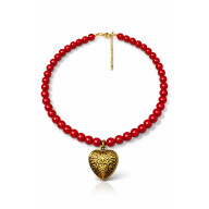 Naszyjnik z Czerwonych Korali z Grawerowanym Sercem w Kolorze Starego Złota - Styl Etno/Boho