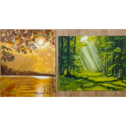 Marzena Dymek - obrazy akryl - ZESTAW RĘCZNIE MALOWANYCH OBRAZÓW - DYPTYK ŚWIATŁO W LIŚCIACH UWIĘZIONE foto #2