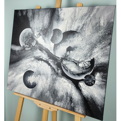 Elżbieta Hanarz - obrazy akryl - Black and White Galaxy - Monochromatyczny obraz inspirowany kosmosem, 60x70 foto #1