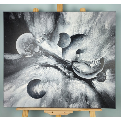 Elżbieta Hanarz - obrazy akryl - Black and White Galaxy - Monochromatyczny obraz inspirowany kosmosem, 60x70 foto #2