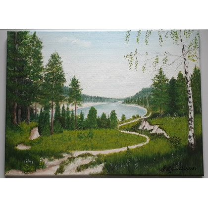 PEJZAŻ AKRYLOWY RĘCZNIE MALOWANY NA PŁÓTNIE W SINĄ DAL - 30x40cm, Marzena Dymek, obrazy akryl