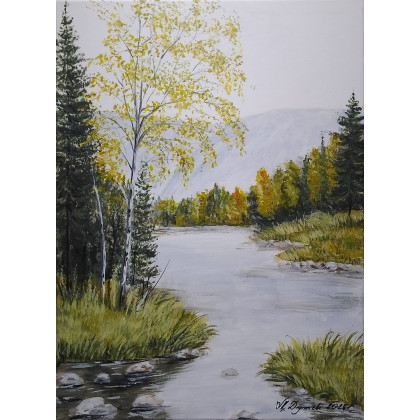 PEJZAŻ AKRYLOWY RĘCZNIE MALOWANY NA PŁÓTNIE W ZŁOTAWYCH SITOWIACH - 40x30cm, Marzena Dymek, obrazy akryl