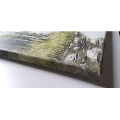 Marzena Dymek - obrazy akryl - PEJZAŻ AKRYLOWY RĘCZNIE MALOWANY NA PŁÓTNIE W ZŁOTAWYCH SITOWIACH - 40x30cm foto #1