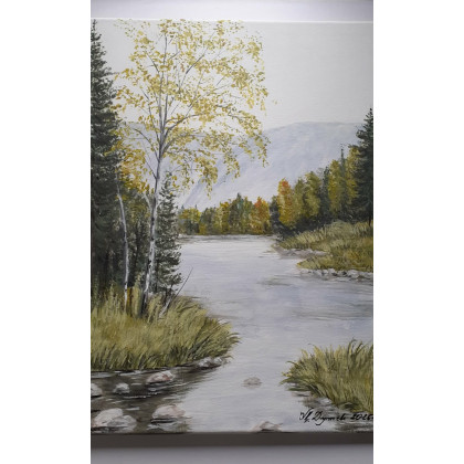 Marzena Dymek - obrazy akryl - PEJZAŻ AKRYLOWY RĘCZNIE MALOWANY NA PŁÓTNIE W ZŁOTAWYCH SITOWIACH - 40x30cm foto #3