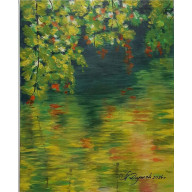 PEJZAŻ AKRYLOWY RĘCZNIE MALOWANY NA PŁÓTNIE REFLEKSY SCHYŁKU LATA - 30x24cm