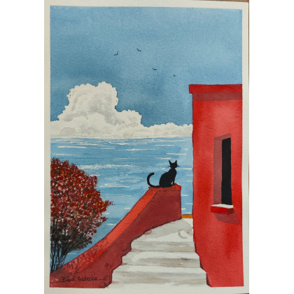 Autorska akwarela Kocia zaduma  Jedyny egzemplarz!, Beata Rudecka, obrazy akwarela