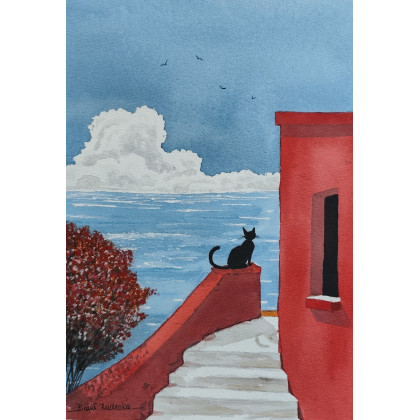 Beata Rudecka - obrazy akwarela - Autorska akwarela Kocia zaduma  Jedyny egzemplarz! foto #2