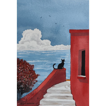 Beata Rudecka - obrazy akwarela - Autorska akwarela Kocia zaduma  Jedyny egzemplarz! foto #4