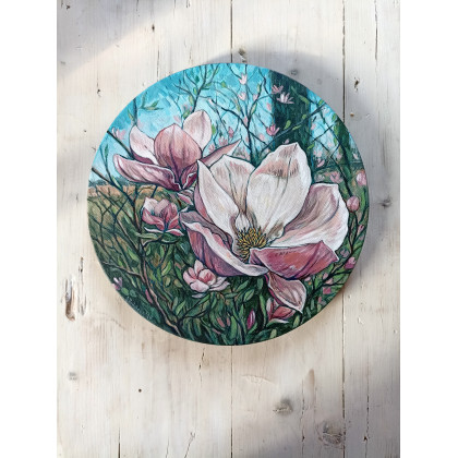 Magnolie, okrągły obraz, Joanna Podolska, obrazy akryl