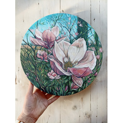 Joanna Podolska - obrazy akryl - Magnolie, okrągły obraz foto #3