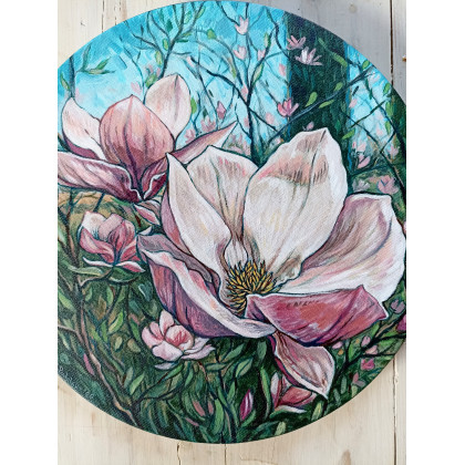 Joanna Podolska - obrazy akryl - Magnolie, okrągły obraz foto #4