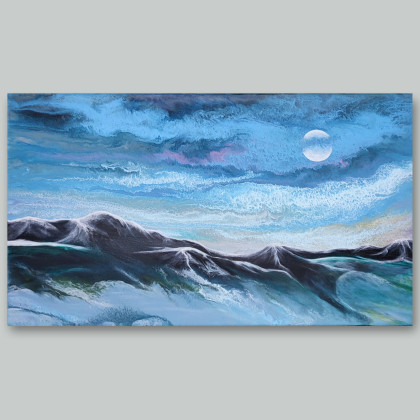 Krajobraz górski w blasku księżyca - Akryl na płótnie 40x70, Elżbieta Hanarz, obrazy akryl