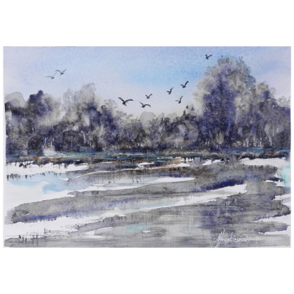 Jolanta Frankiewicz - obrazy akwarela - Rozlewisko - minimalistyczna akwarela A4 foto #3