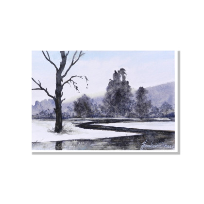 Pejzaż z drzewem - minialistyczna akwarela A4, Jolanta Frankiewicz, obrazy akwarela