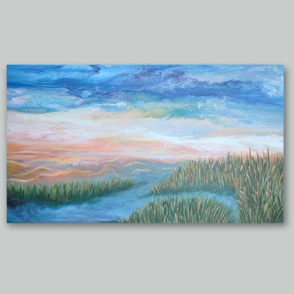 Świt nad mokradłami - Krajobraz, akryl na płótnie 40x70, Elżbieta Hanarz, obrazy akryl