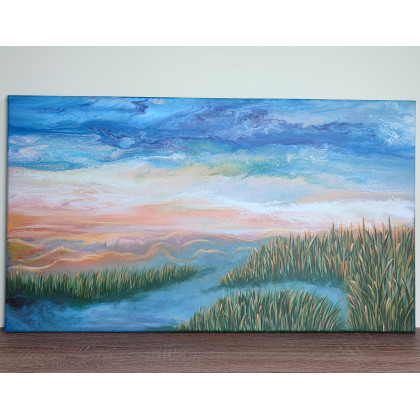 Elżbieta Hanarz - obrazy akryl - Świt nad mokradłami - Krajobraz, akryl na płótnie 40x70 foto #1