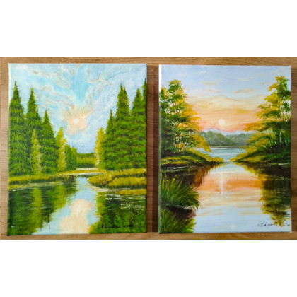 WYPRZEDAŻ KOLEKCJI - DYPTYK NATURY AKRYLOWY PORANEK I ZMIERZCH - 48cm x 30cm, Marzena Dymek, obrazy akryl