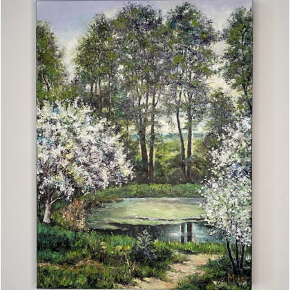 Wiosenna zieleń i kwitnące drzewa., Myroslava Burlaka, obrazy olejne