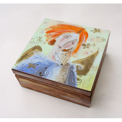 Anioł rudy i kotka.. Szkatułka 16x16 cm, 4mara, kasetki, pudełka