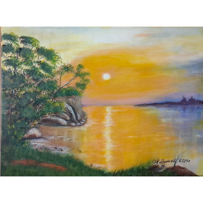 KLASYCZNY PEJZAŻ RĘCZNIE MALOWANY - ZACHÓD SŁOŃCA NAD WODĄ SŁOŃCE W POMARAŃCZU - 30x40cm, Marzena Dymek, obrazy akryl