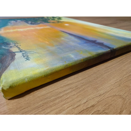 Marzena Dymek - obrazy akryl - KLASYCZNY PEJZAŻ RĘCZNIE MALOWANY - ZACHÓD SŁOŃCA NAD WODĄ SŁOŃCE W POMARAŃCZU - 30x40cm foto #1