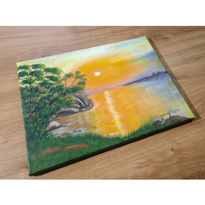 Marzena Dymek - obrazy akryl - KLASYCZNY PEJZAŻ RĘCZNIE MALOWANY - ZACHÓD SŁOŃCA NAD WODĄ SŁOŃCE W POMARAŃCZU - 30x40cm foto #3