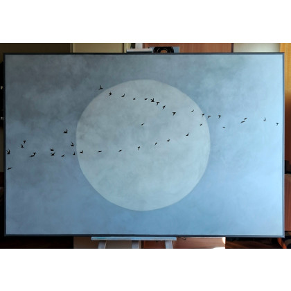 Obraz ręcznie malowany minimalistyczny Lot ptaków Wabi Sabi Japandi 90x120, Yulia Szczerbak, obrazy akryl