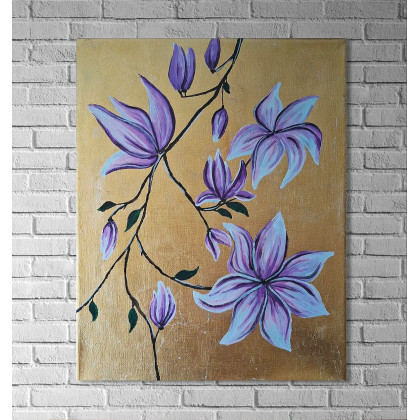 Obraz na płótnie ręcznie malowany akrylami Złota magnolia kwiaty 24x30, Yulia Szczerbak, obrazy akryl