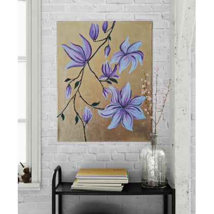 Yulia Szczerbak - obrazy akryl - Obraz na płótnie ręcznie malowany akrylami Złota magnolia kwiaty 24x30 foto #2