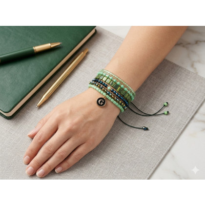 Bransoletka Zestaw 5 Bransoletek Beaded Green - Zieleń i Granat z Personalizowaną Literką, unikatart, bransoletki