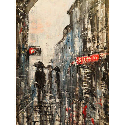 Deszczowa uliczka...., Dariusz Grajek, olej + akryl
