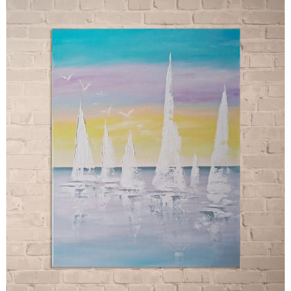 Yulia Szczerbak - obrazy akryl - Obraz na płótnie ręcznie malowany akrylami Żaglówki strukturalny 40x50 foto #1
