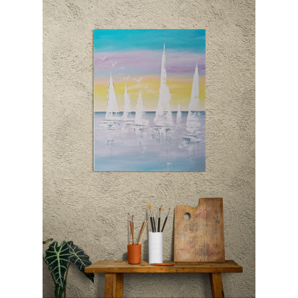 Yulia Szczerbak - obrazy akryl - Obraz na płótnie ręcznie malowany akrylami Żaglówki strukturalny 40x50 foto #3