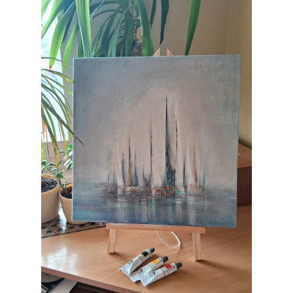 Obraz na płótnie ręcznie malowany akrylami strukruralny abstrakcja Żaglówki 40x40, Yulia Szczerbak, obrazy akryl